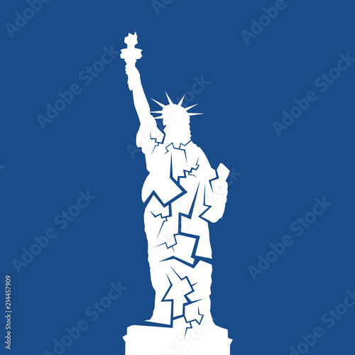 Statue of Liberty with cracks - declien decay, problems and failure leading to collapse of landmark of USA and UNited states of America. Vector illustration