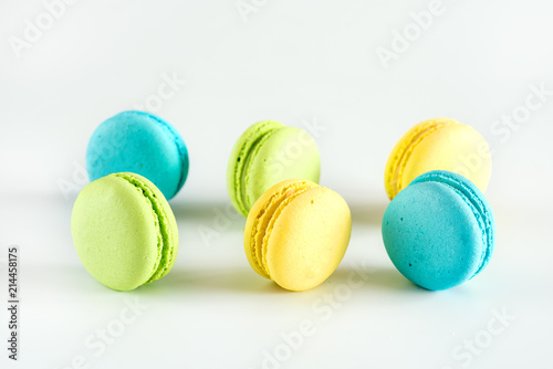 Colorful Macarons Yellow Blue Green Macarons French Dessert Tasty Macarons White Background