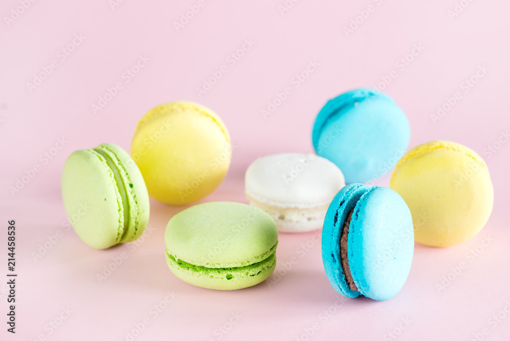 Colorful Macarons Yellow Blue Green Macarons French Dessert Tasty Macarons Pink Background Colorful Macarons Yellow Blue Green Macarons French Dessert Tasty Macarons Pink Background