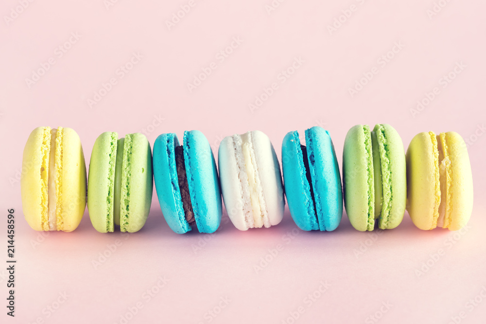 Colorful Macarons Yellow Blue Green Macarons French Dessert Tasty Macarons Pink Background Toned