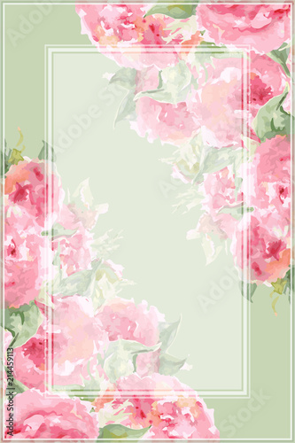 Watercolor pink tea rose peony flower floral composition frame border temple background vector