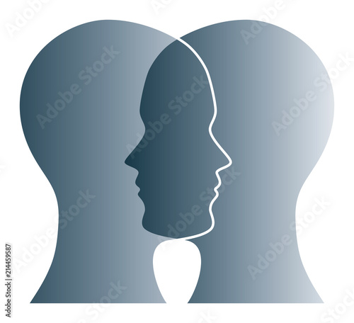 Gray silhouettes of two heads on white background. Two overlapping faces as symbol for anxiety, uncertainty, doubt and other psychological problems and questions. Isolated illustration. Vector.