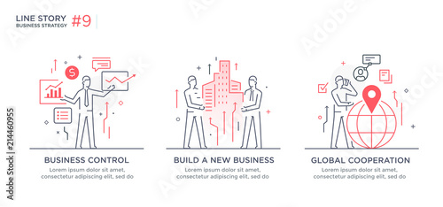 Set of illustrations concept with business concept. Workflow, growth, graphics. Business development, milestones, start-up. linear illustration Icons infographics. Landing page site print poster. Line