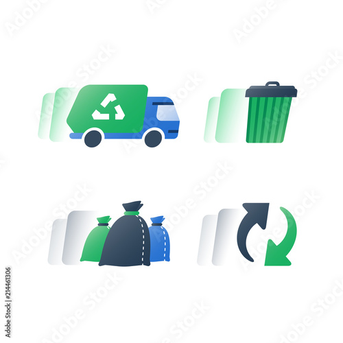 Collect rubbish, garbage removal green truck, fast service, waste bin and litter bags, recycle program