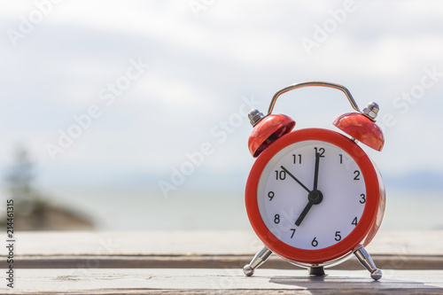 Vacation time. Red alarm clock on sea background. Copy space