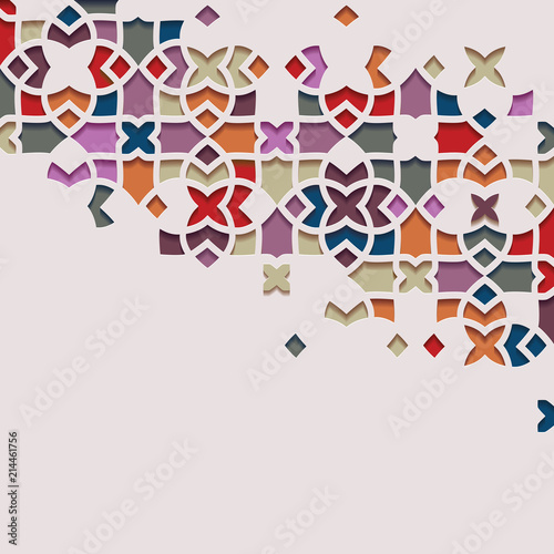 Arabic arabesque design greeting card for Ramadan Kareem.Islamic ornamental colorful mosaic.Vector illustration.