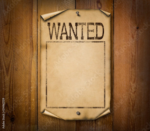 Blank western wanted poster illustration on wooden background