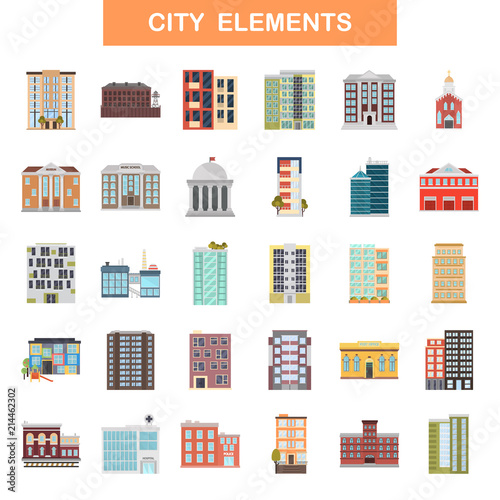 Different elements of urban infrastructure color flat icons set