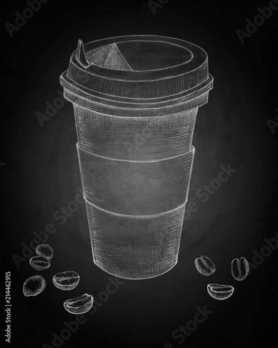 Hand drawn Cup of coffee with coffee beans on blackboard background