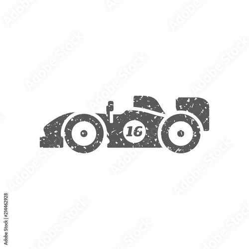 Race car icon in grunge texture. Vintage style vector illustration.