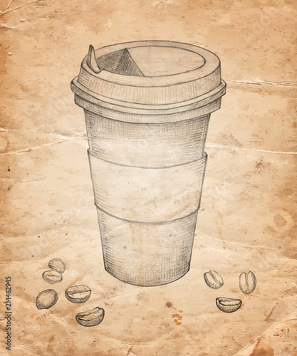 Hand drawn Cup of coffee with coffee beans on old paper background