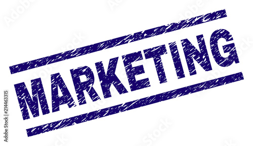 MARKETING stamp seal watermark with distress style. Blue vector rubber print of MARKETING tag with corroded texture. Text tag is placed between parallel lines.