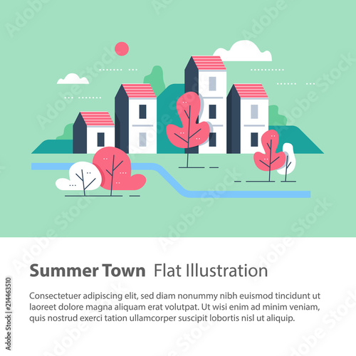 River side settlement, cozy town, row of houses by the river with trees, residential building, green neighborhood