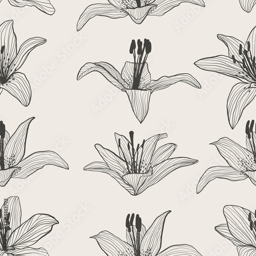 Seamless lilies pattern on beige vector background.
