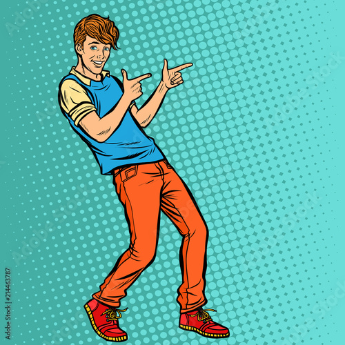 young man points fingers