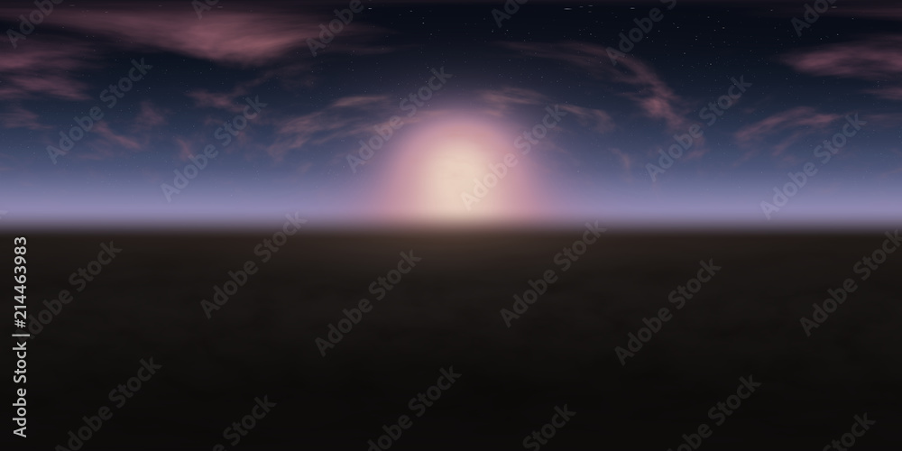 high resolution environmental 360 degree HDRI map, spherical panorama, 3d illustration background, 8k, for equirectangular projection (sunrise in blue starry sky with pink clouds over dark ground)