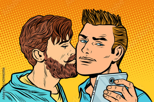 men couple. friendship meeting. smartphone selfie