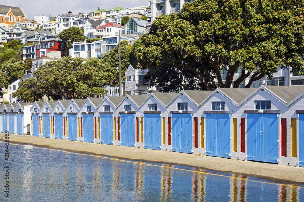 Beautiful little colorful boathouses in Wellington, New Zealand