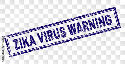 ZIKA VIRUS WARNING stamp seal imprint with corroded style and double framed rectangle shape. Stamp is placed on a transparent background.