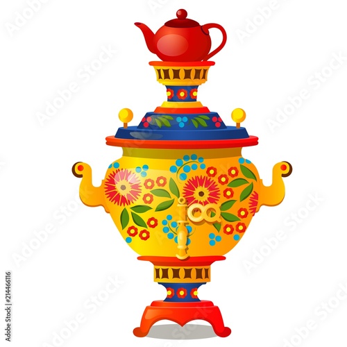 Samovar with traditional Russian ornament isolated on white background. Vector cartoon close-up illustration.