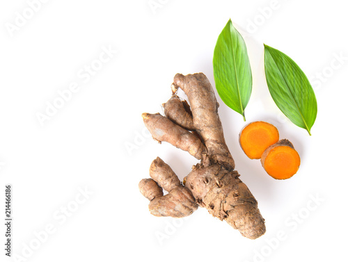 Cassumunar ginger with leaf on white background