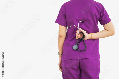 Back shot of medical physician doctor woman over white background.