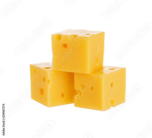 Cheese cubes isolated on white background. With clipping path.