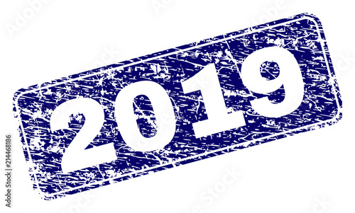 2019 stamp seal print with grunge texture. Seal shape is a rounded rectangle with frame. Blue vector rubber print of 2019 caption with unclean texture.
