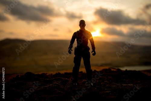 Fototapeta Naklejka Na Ścianę i Meble -  Silhouette of military soldier or officer with weapons at sunset. shot, holding gun, colorful sky, mountain, background. Decoration with toy soldier