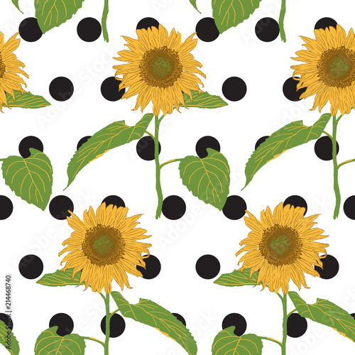 blooming sunflower with black dot seamless pattern vector illustration