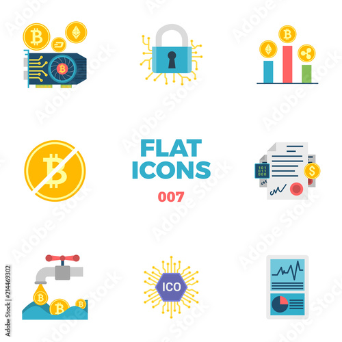 Cryptocurrency and Blockchain Related Flat Icons. Crypto Icon Set. Featuring GPU Mining, Cryptography, Halving, Smart Contract, Coin Faucet, ICO, Hash Rate. Isolated on White Background