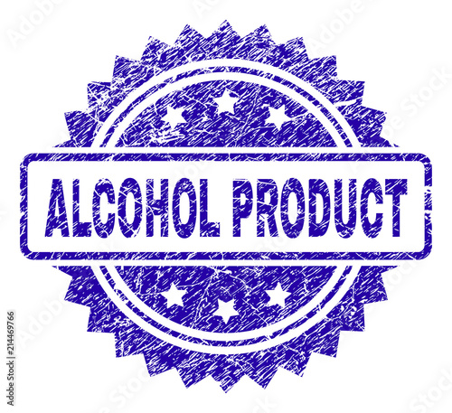 ALCOHOL PRODUCT stamp imprint with corroded style. Blue vector rubber seal print of ALCOHOL PRODUCT caption with corroded texture.