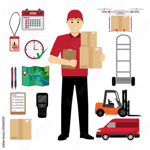 Delivery Man with Logistic, Shipping and Delivery Icon Set