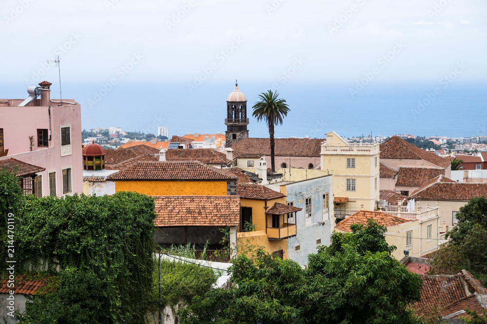 View over acient buildings with churchtower with view to the sea in Orotava, Tenerife