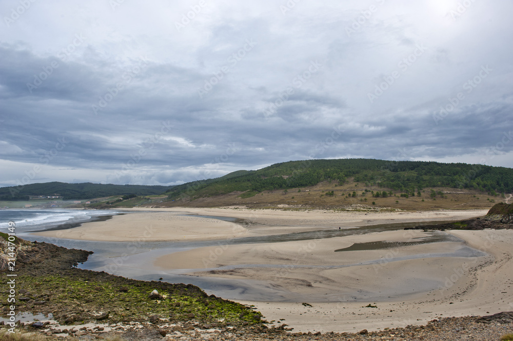 Playas de Lires (vorne)  und Nemiña (hinten) bei Ebbe, Gemeinde Muxia, Provinz La Coruña,Galicien, Costa da Morte