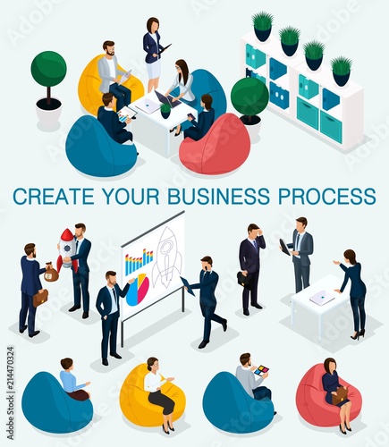Trendy isometric people, 3d businessman, concept with young people, young team of professionals, business creation, brainstorming, soft armchairs, business concept on light