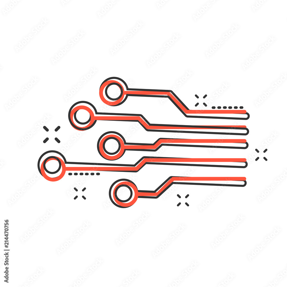 Vector cartoon circuit board icon in comic style. Technology scheme sign illustration pictogram. Microchip business splash effect concept.