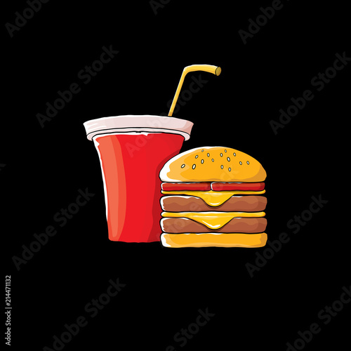 vector cartoon tasty burger and cola paper cup with straw isolated on black background.