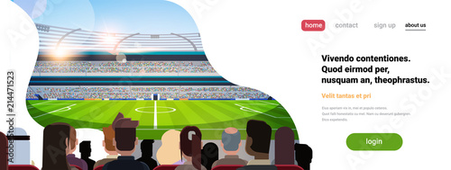 empty football stadium field silhouettes of fans waiting match rear view copy space flat banner vector illustration
