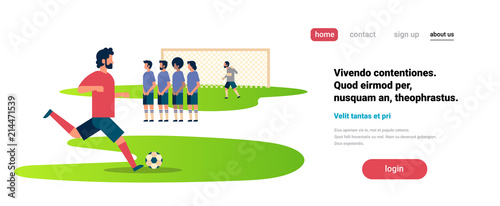 Football match free kick with opposing player set up defensive wall game situation goalkeeper protecting gates championship flat banner copy space vector illustration
