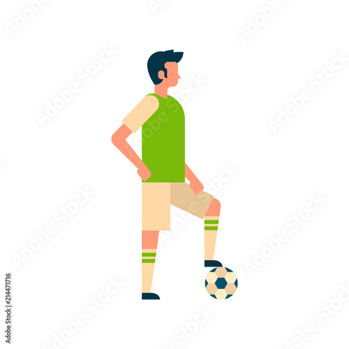 Football player putting foot on ball isolated sport championship flat full length vector illustration
