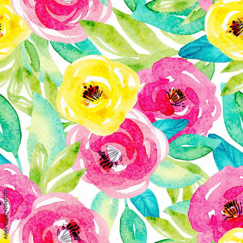 seamless watercolor pattern with yellow, pink flowers hand-painted