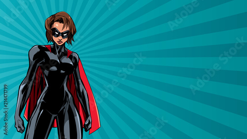 Illustration of powerful superheroine on abstract background.