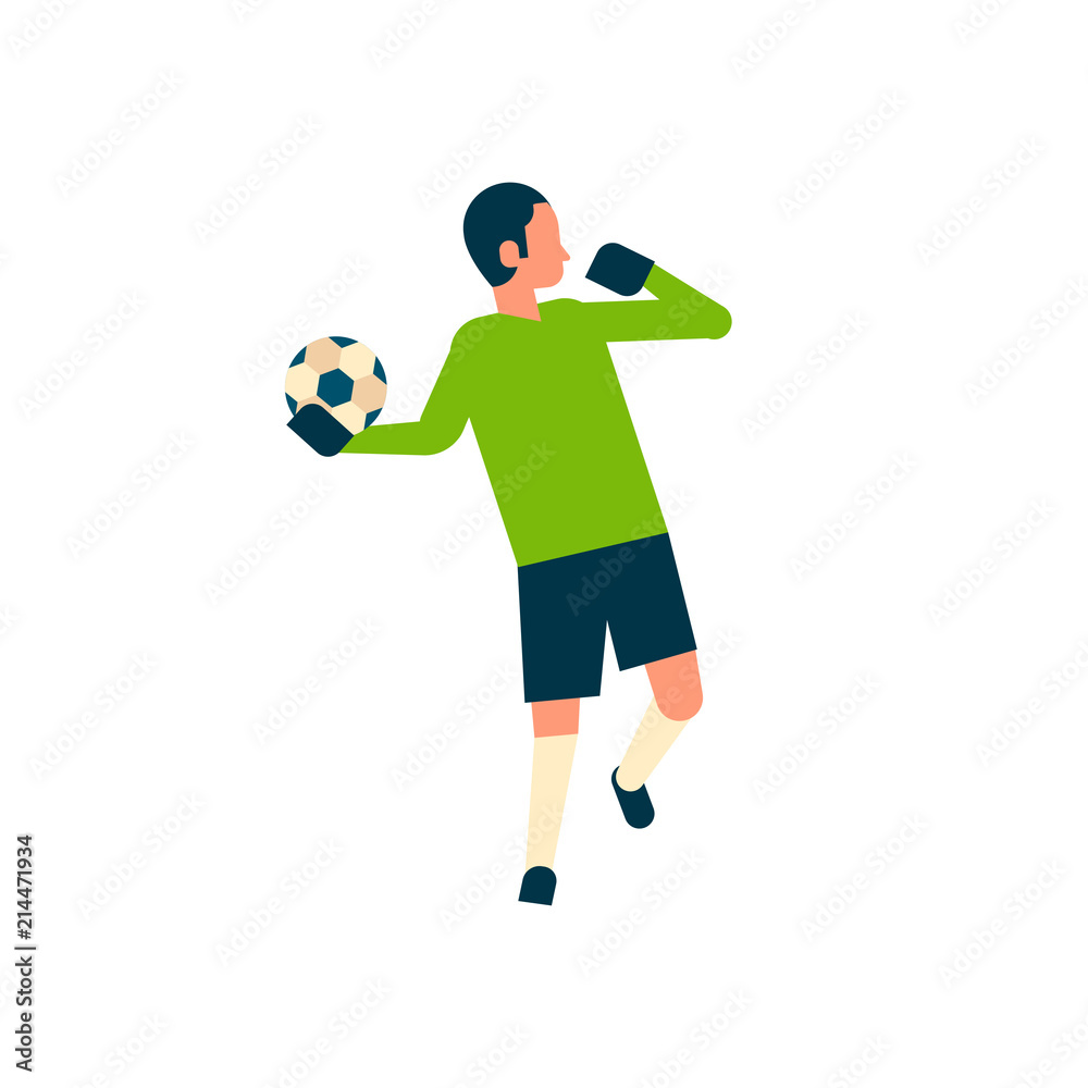 Football player goalkeeper throw the ball out isolated sport championship flat character full length vector illustration