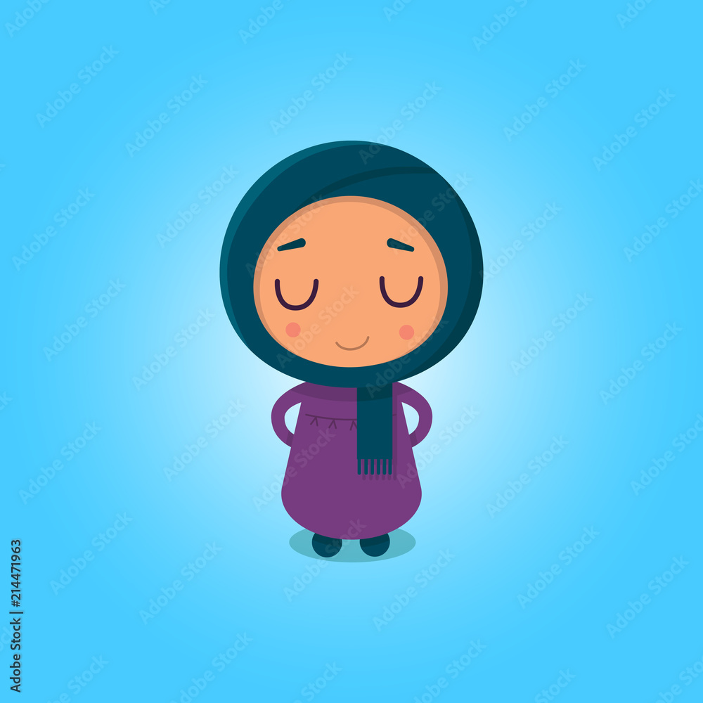 Muslim girl in the flat style on the blue background