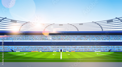 empty football stadium field view sunset flat horizontal vector illustration