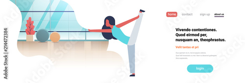woman doing yoga exercises gym interior female cartoon character fitness activities full length flat copy space banner vector illustration