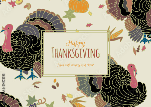 Turkey, Happy Thanksgiving, Greeting card.Hand drawn vector illustration of turkey, pumpkin, corn, grapes, mushrooms, autumnal leaves.