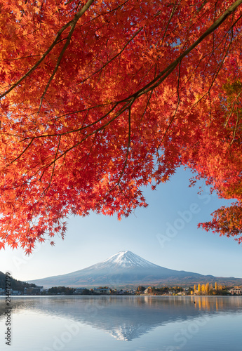 Colorful Autumn Season and Mountain Fuji with morning fog and red leaves at lake Kawaguchiko is one of the best places in Japan © dewspliff