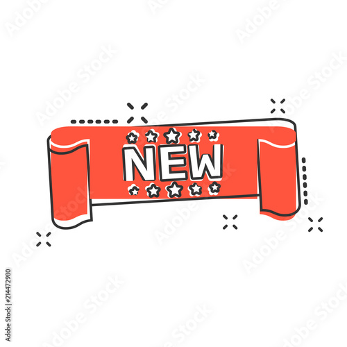 Vector cartoon new ribbon icon in comic style. Discount, new arrival sticker label sign illustration pictogram. New ribbon business splash effect concept.